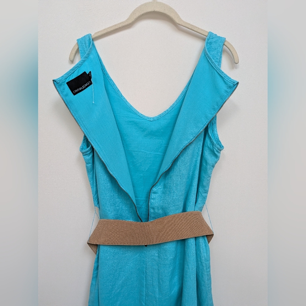 NEW Cynthia Rowley Blue 100% Linen Belted Sleeveless High Low Dress Size 14 - Picture 11 of 13